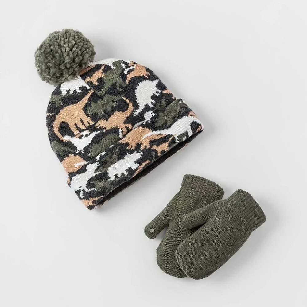 Cat & Jack Kids Dinosaur‎ Camo Beanie and Mittens Set Green Brown 2T-5T NEW